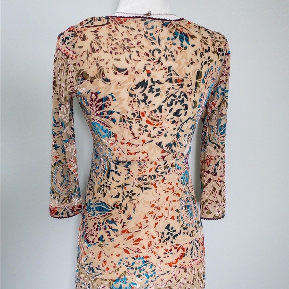 Beige and Multi-Color Mini Dress with Velvet Design - Picture 5 of 7